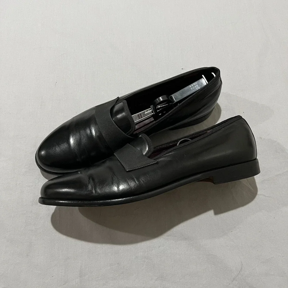 Salvatore Ferragamo Mens Black Leather Formal Slip-On Tuxedo Loafer Shoes 11D